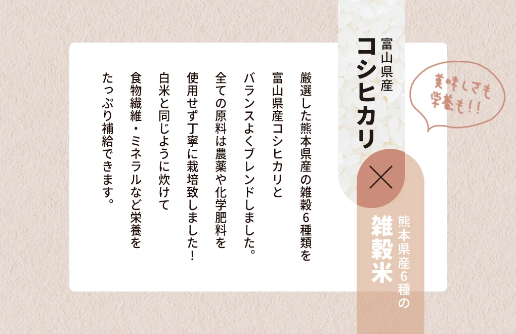 厳選した熊本県産の雑穀6種類を富山県産コシヒカリとバランスよくブレンドしました。